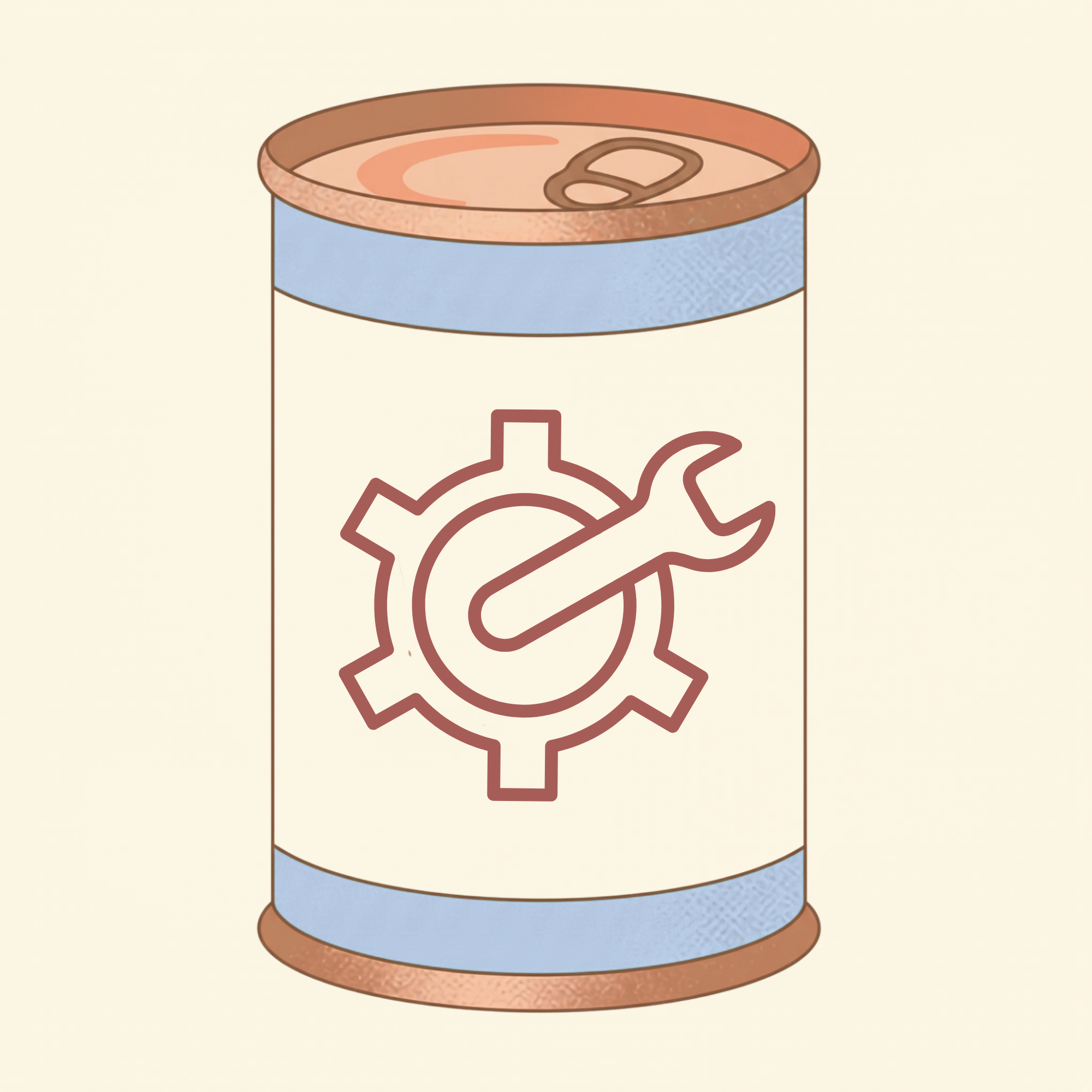 A can with a label depicting a gear and wrench icon representative of the fact that the workshops can be tailored to meet customer needs. 